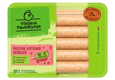 Šviežios vištienos dešrelės su žolelėmis be pridėtinių E VILNIAUS PAUKŠTYNAS, 400 g