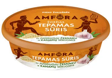 Tepamas sūris AMFORA su juoduoju česnaku ir kanapių sėklomis, 24 % rieb., 180 g