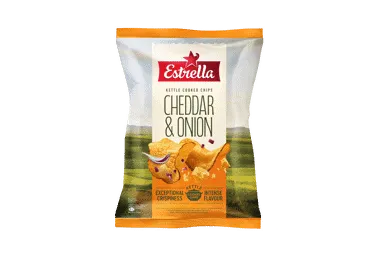 Traškučiai ESTRELLA KETTLE COOKED, čederio ir svogūnų skonio, 120 g