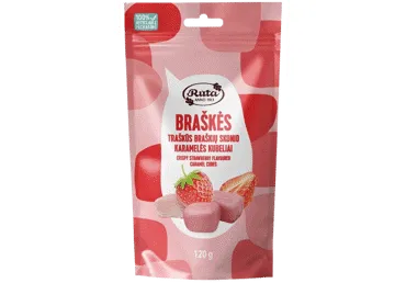 Traškūs braškių skonio karamelės kubeliai RŪTA BRAŠKĖS, 120 g
