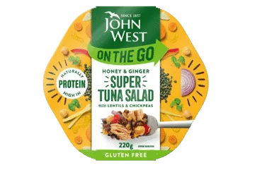 Tunų salotos JOHN WEST su medumi ir imbierais su lęšiais, 220 g