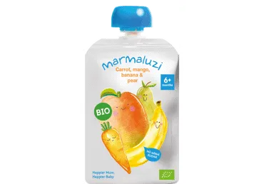 TYRELĖ Eko Morkų, mangų, bananų, kriaušių - 6 mėn 90g Pouch MARMALUZI