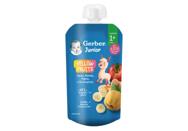 Vaikiška tyrelė GERBER su obuoliais, bananais,  svarainiais ir sausainiais, 110g