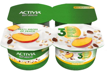 Valgom. jogurtas ACTIVIA su persikais, dribsn., 2,6 % rieb., 480 g
