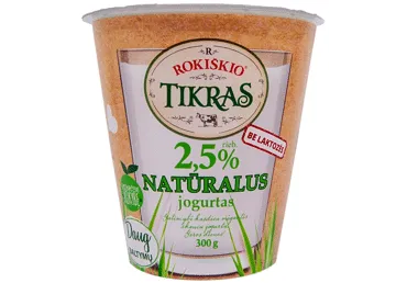 ROKIŠKIO TIKRAS jogurtas be laktozės, 2,5 % rieb., 300 g