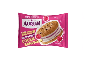 Valgomieji ledai AURUM, vanilės skonio, su aviečių įdaru, 75 g
