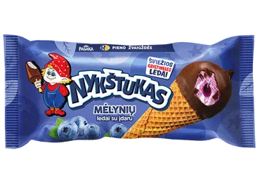 Vaniliniai grietininiai ledai NYKŠTUKAS su mėlynių įdaru apglaistyti kakaviniu glaistu vafliniame ragelyje , 90 g