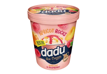 Vaniliniai ledai DADU su abrikosų gabaliukais, aviečių įdaru, 325 g