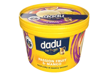 Vaniliniai ledai DADU su mangų gabaliukais, pasiflorų įdaru, 400 g