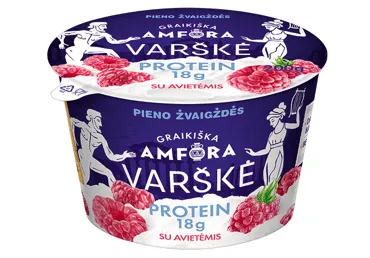 Varškė GRAIKIŠKA AMFORA PROTEIN be laktozės su avietėmis, 0,8 % rieb., 200 g