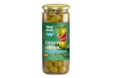 Žaliosios alyvuogės WELL DONE, įdarytos ančiuviais, 235 g