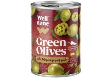 Žaliosios alyvuogės WELL DONE su Chalapos paprikomis, 280 g