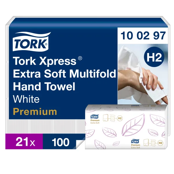 100297 Popieriniai rankšluosčiai TORK H2 Premium Extra Soft, 2 sl., baltos sp., 100 serv.