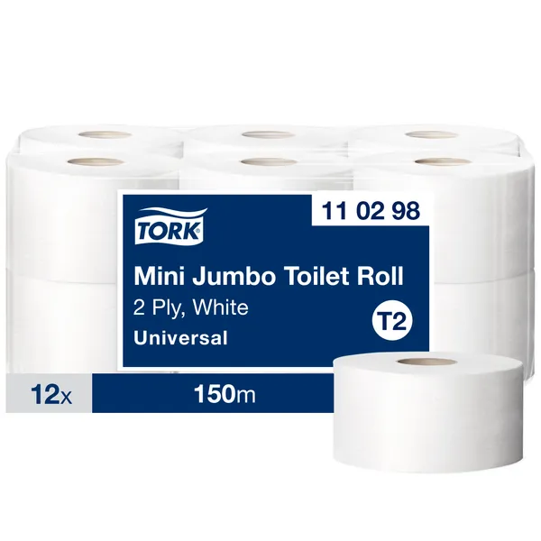 110298 Tualetinis popierius TORK T2 Universal Mini Jumbo, 2 sl., baltos sp., 150 m
