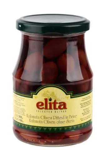 Sarkanās olīvas Kalamata bez kauliņiem ELITA, 370g/190g