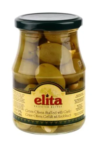 Zaļās olīvas Kalamata pildītas ar ķiplokiem ELITA 370g/200g