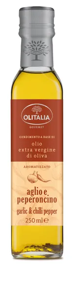 Neapstrādāta augstākā labuma olīveļļa OLITALIA ar ķiplokiem un sarkanajiem pipariem, 250ml