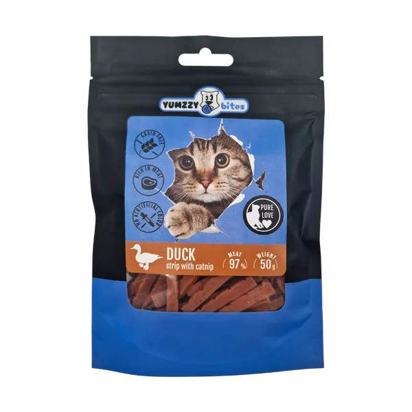 Kaķu gardums YUMZZY BITES, pīles mini strēmelītes ar kaķumētru, 50g