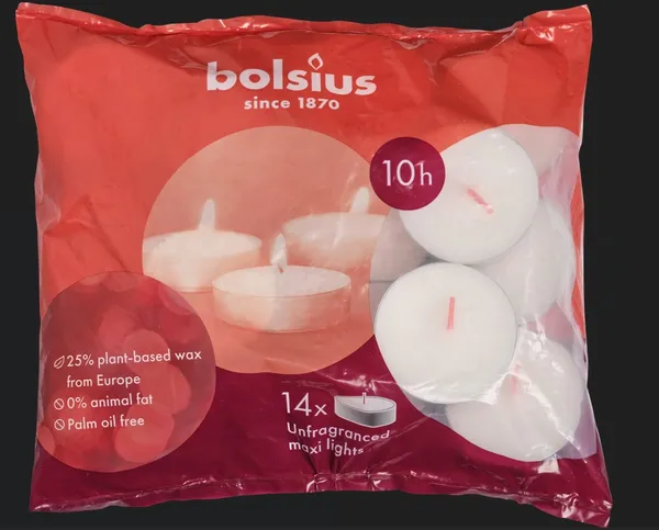 Tējas sveces BOLSIUS Maxilight, baltas, D 6 cm, 10st., 14gab