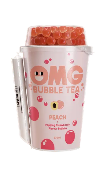 Arbatos gėrimas OMG, persikų skonio su braškių burbuliukais, 270 ml
