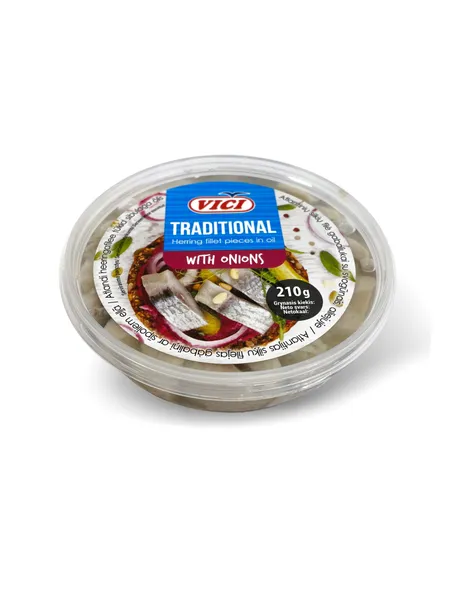 Atlantinių silkių filė gabaliukai su svogūnais aliejuje 210g