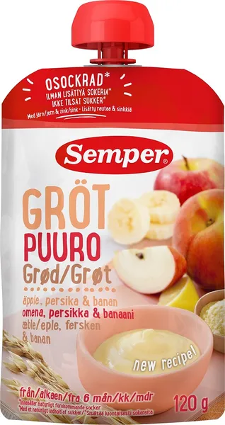Avižų košė SEMPER su obuoliais ir persikais, nuo 6 mėnesių, 120 g