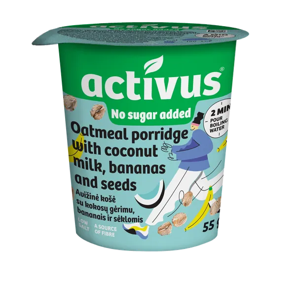 Avižų-rugių košė ACTIVUS su bananais, kokoso pienu ir sėklomis, indelyje., 8x55g