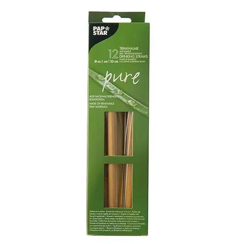 Bambukiniai šiaudeliai Pure, su valymo šepetėliu, D 1 cm, L  23 cm, 12 vnt.