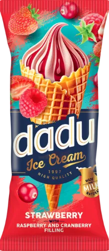 Braškiniai pieniniai ledai DADU su aviečių ir spanguolių įdaru, 150ml