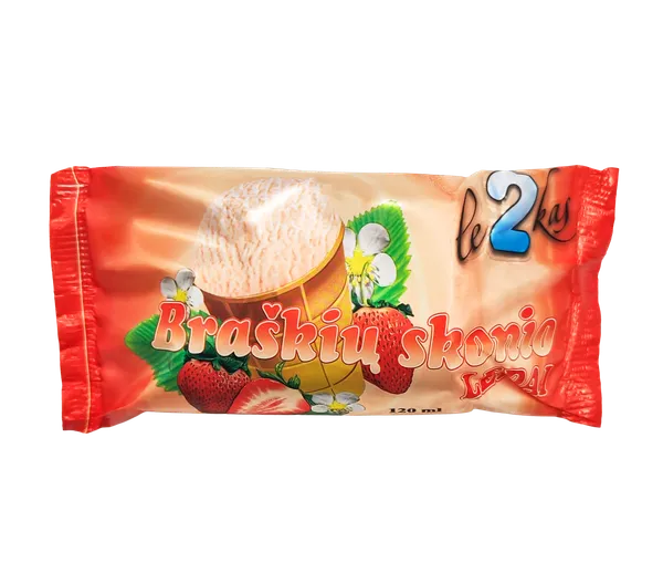Braškių skonio ledai LE2KAS, vafliniame puodelyje, 5%,120 ml/65 g
