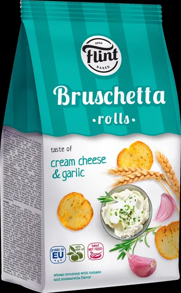 Sausmaizītes FLINT Bruschetta rolls, ar krēmsiera un ķiploka garšu, 65g