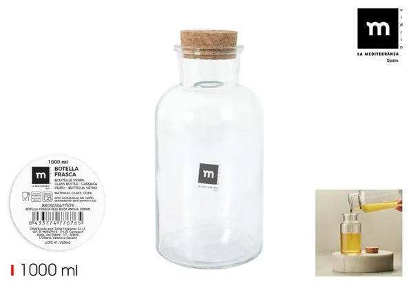 Butelis, su kamščiu, stiklas, 1 l, H 20 cm, D 10 cm, vnt
