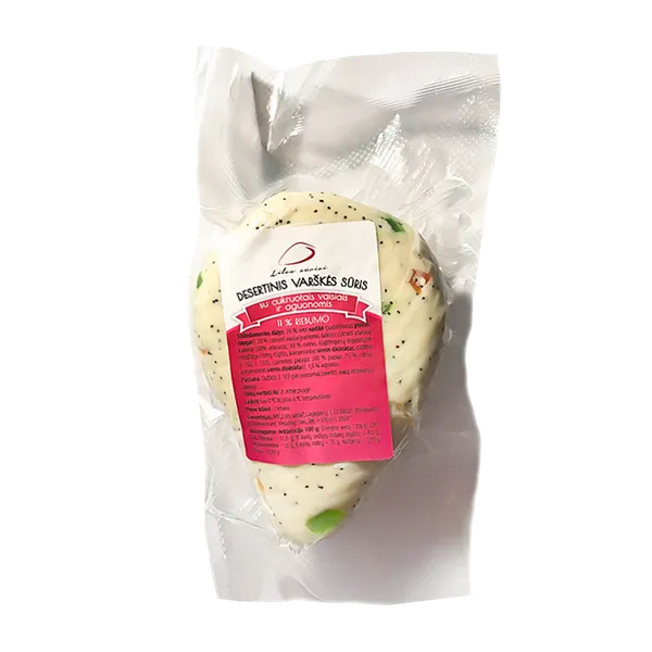 Desertinis varškės sūris LILĖS SŪRIAI, su cukruotais vaisias ir aguonomis, 16% riebumo, ~380 g