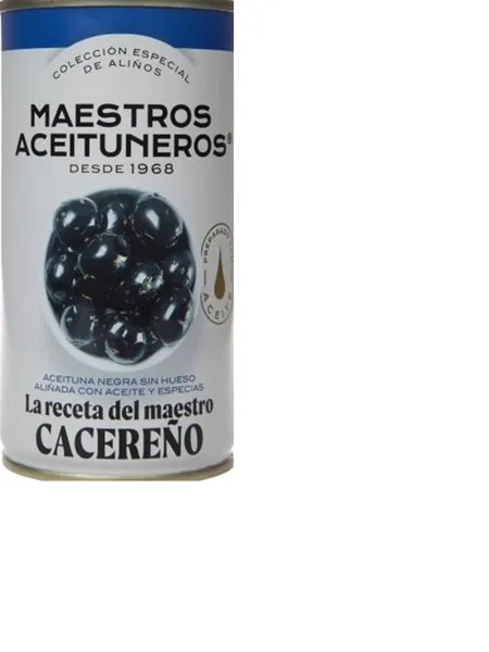 Didelės juodosios alyvuogės be kauliukų MAESTROS ACEITUNEROS, su aliejumi ir prieskoniais, 320/150 g