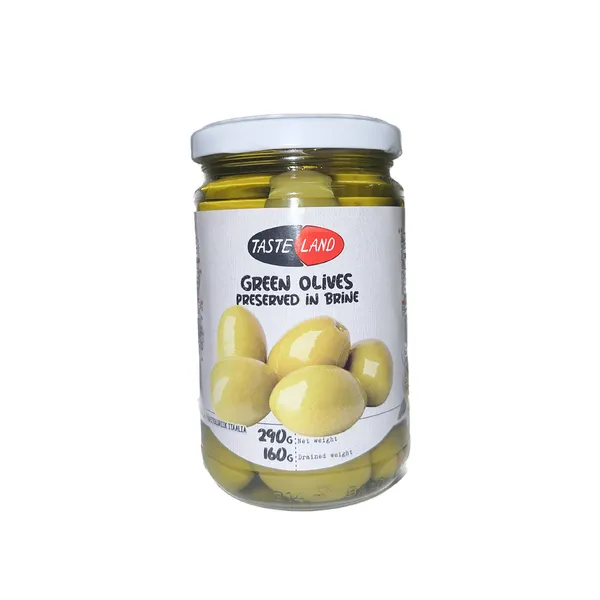 Zaļās olīvas, lielas TASTE LAND, ar kauliņiem, sālījumā, 290g/160g