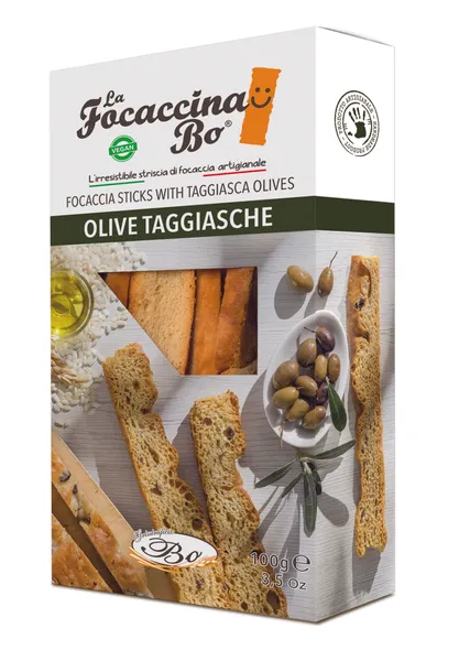 Maizes standziņas FOCACCINA kraukšķīgā fokača ar Taggiasca olīvām, 100g