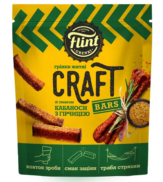 Duonos užkandžiai FLINT, Craft, kabanosių ir garstyčių skonio, 80 g