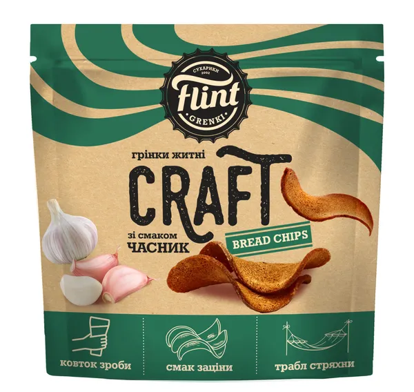 Duonos užkandžiai FLINT, Craft, vingiuoti, česnakų skonio, 80 g
