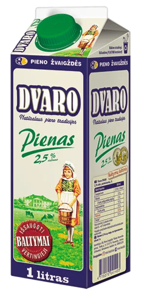 DVARO pienas, pasterizuotas, 2,5% riebumo, 1 l