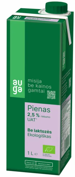 Ekololgiškas AUGA  pienas UAT be laktozės 2,5% riebumo  1l, LT-EKO-001
