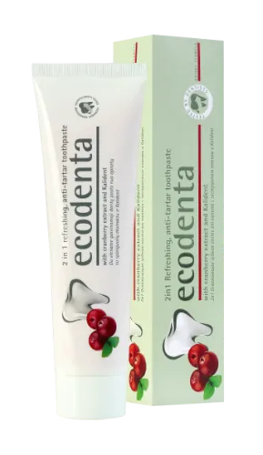 Gaivinamoji dantų pasta nuo apnašų ECODENTA 2in1, su spanguolių ekstraktu ir Kalident, 100ml