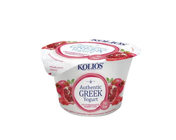 Graikiškas jogurtas KOLIOS, autentiškas, 0%, su avietėmis ir granatų sultimis, 150 g