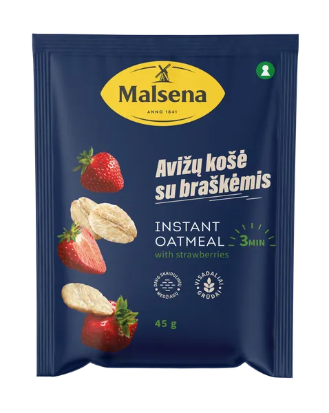 Greitai paruošiama avižinė košė  MALSENA, su braškių gabaliukais, 45 g