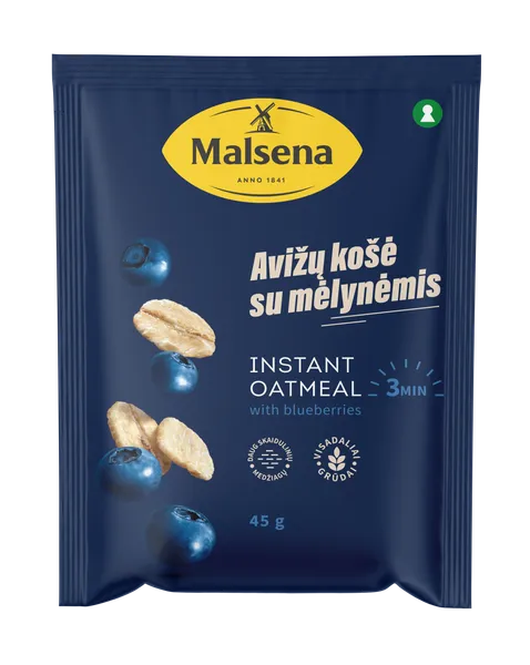 Greitai paruošiama avižinė košė MALSENA, su mėlynių gabaliukais, 45 g