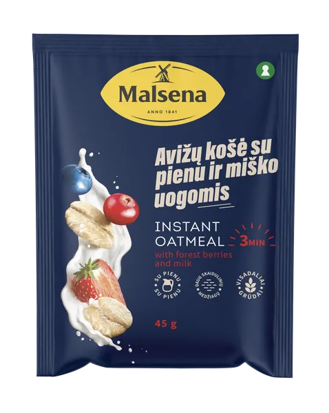 Greitai paruošiama avižinė košė, MALSENA, su miško uogomis ir pienu, 45 g