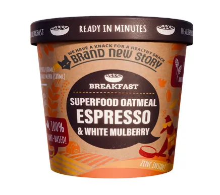 Ātri pagatavojamas auzu pārslas BRAND NEW STORY ar espresso kafiju un balto zīdkoka koku, 70g