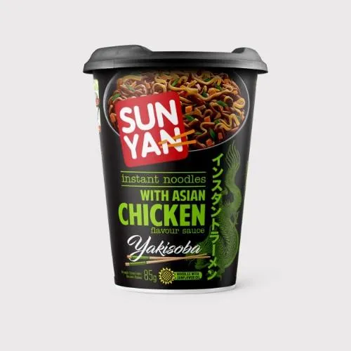 Greitai paruošiami makaronai SUN YAN su azijietiškos vištienos skonio padažu, indelyje, 85g