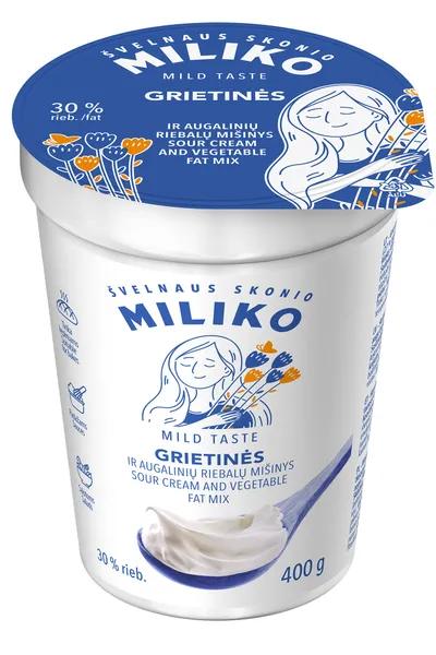 Grietinės ir augalinių riebalų mišinys MILIKO, 30% riebumo, 400g, indelis