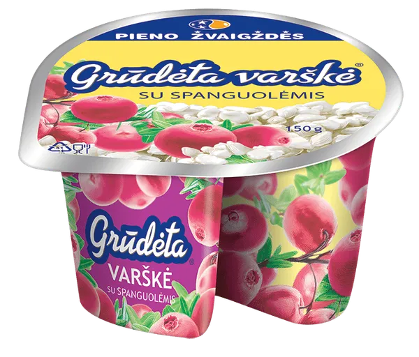 GRŪDĖTA varškė, su spanguolėmis, 150 g