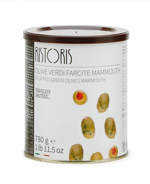 Zaļās olīvas, lielas RISTORIS, pildītas ar sarkanajiem pipariem, 780g/400g